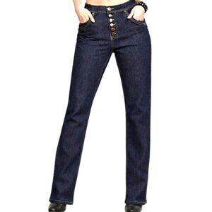 Ellery Monroe Blue Indigo Button Yellow Accent Overstitch Straight Jeans Size 2